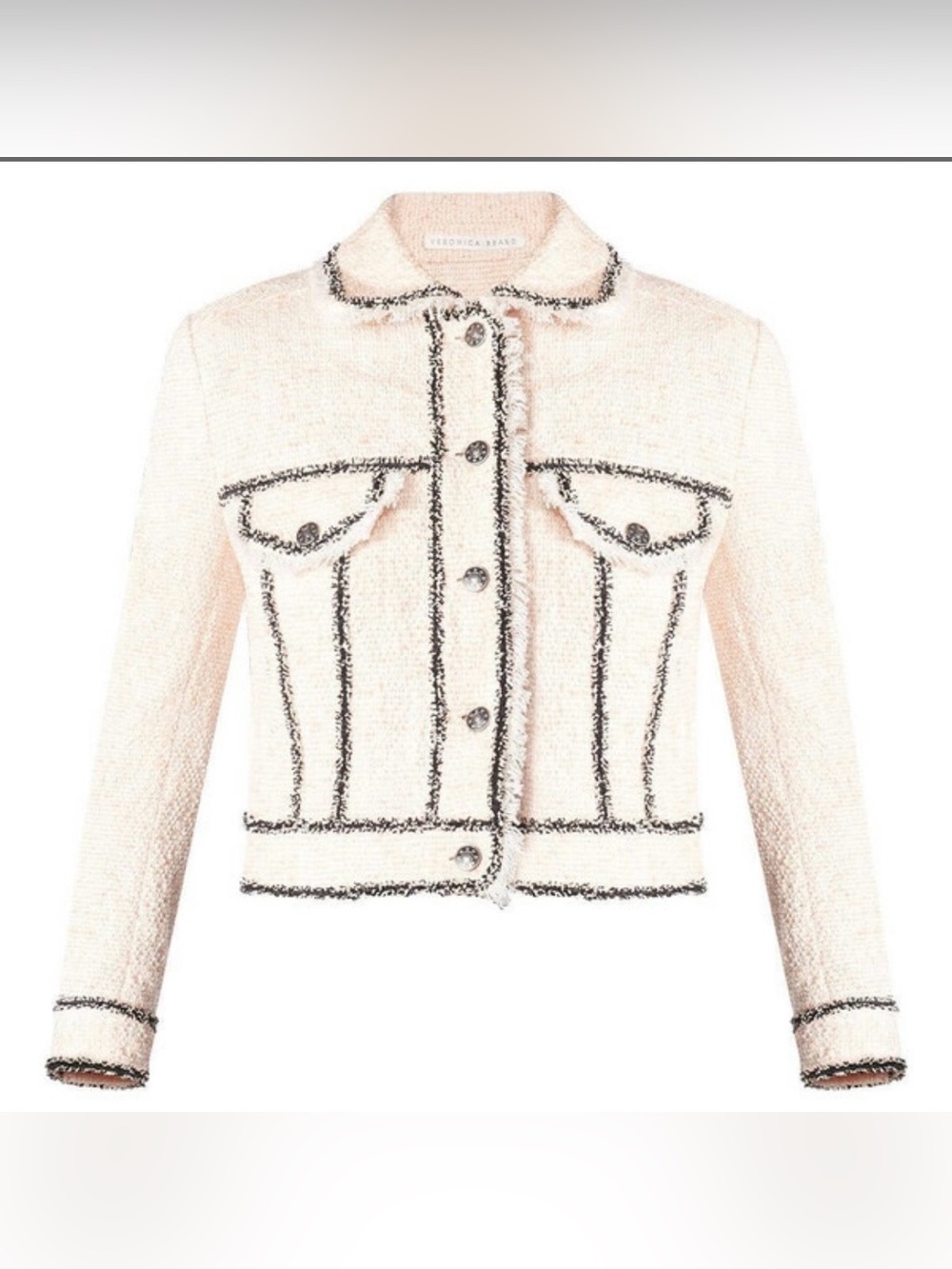 Veronica Beard Cotton Blend Pale Pink Tweed Fringed Blazer with Gray Trim S XS